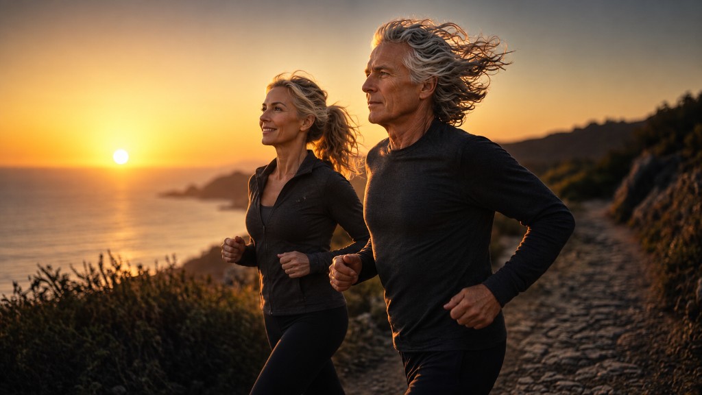 Conceptual image of two people running on a coastal path at sunset. Not a photograph of an experiment and not a figure from a paper.