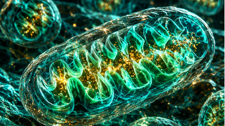 Conceptual visualization of a mitochondrion with emerald and turquoise folds. Not a photograph of an experiment and not a figure from a paper.